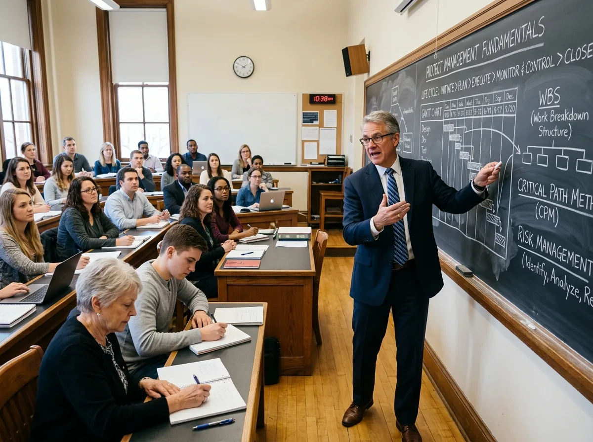 Преподаватель управления проектами: мужчина-эксперт в деловом костюме объясняет у доски в учебной аудитории