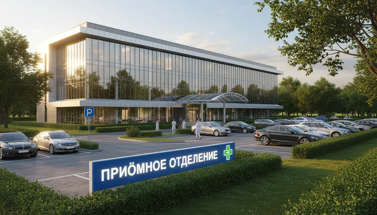 Современное здание частной медицинской клиники, зелёная территория, парковка, вывеска приёмного отделения