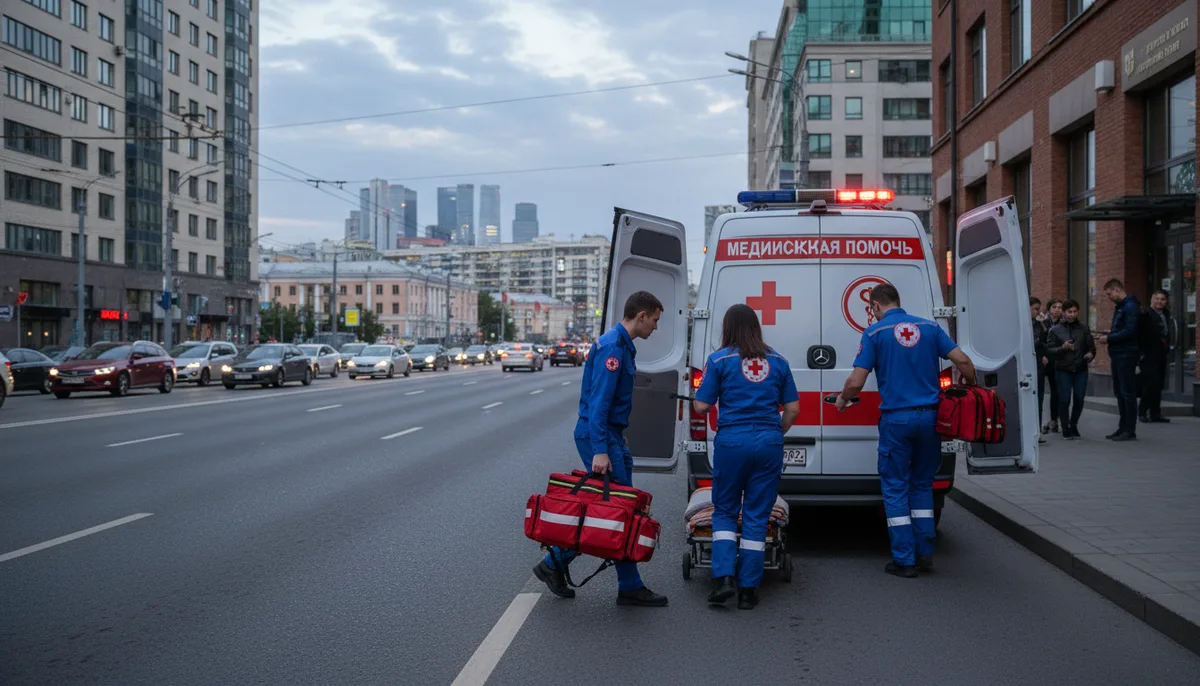 Выездная медицинская бригада, оснащённый автомобиль, медицинская укладка, городская дорога