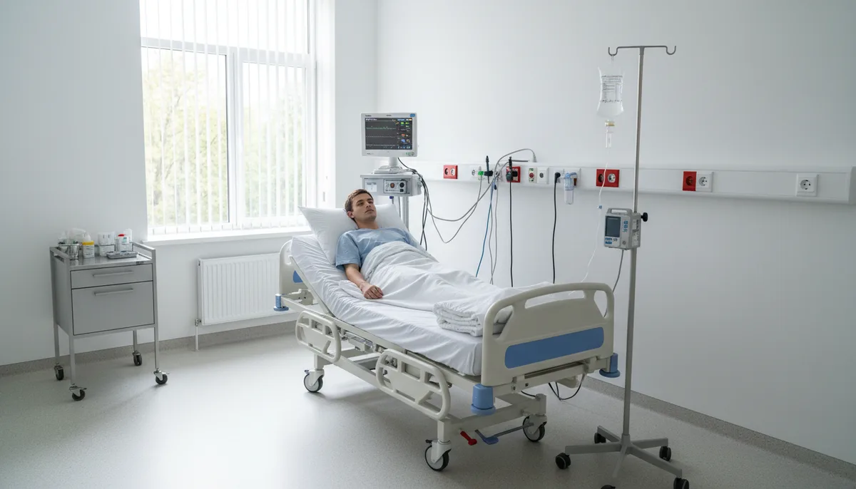 Стационарная палата наркологического отделения, медицинское оборудование, кровать, инфузионная стойка