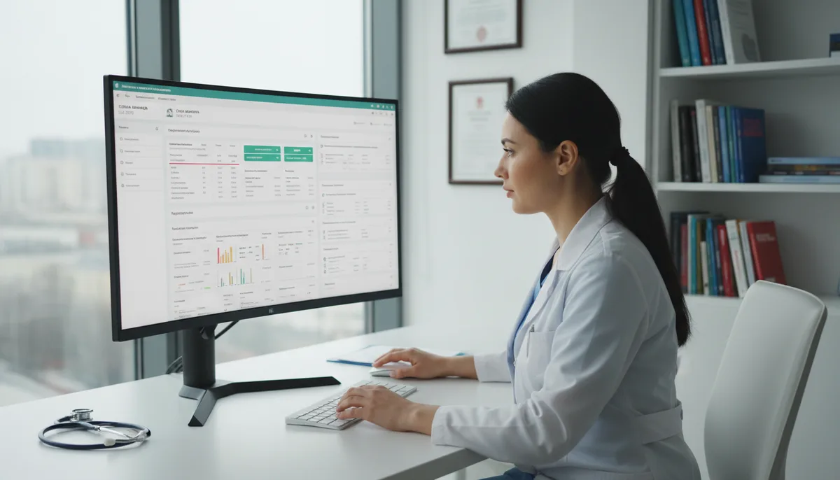 Врач за монитором компьютера, электронная медицинская карта пациента, клинический кабинет